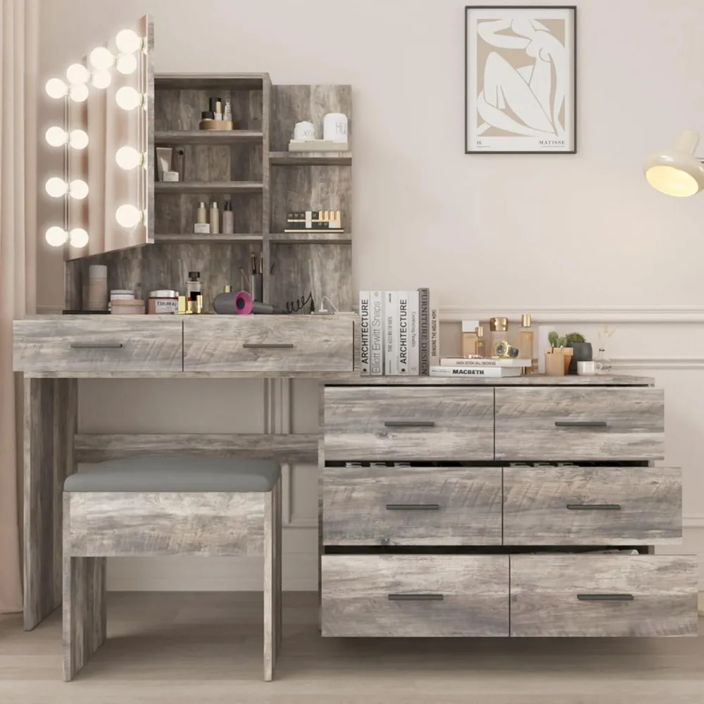 Makeup Vanity Desk with 10 LED Bulbs Lighted Mirror Makeup Vanity Table Set Nightstand Stool Mirror Gray, Dressing Tables