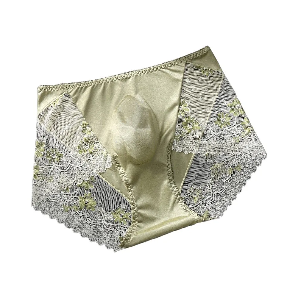 Fashion Sexy Men Lace Trim Ice Silk Satin-like Underwear Soft U Convex Pouch Daily Casual Man Sissy Briefs Shorts