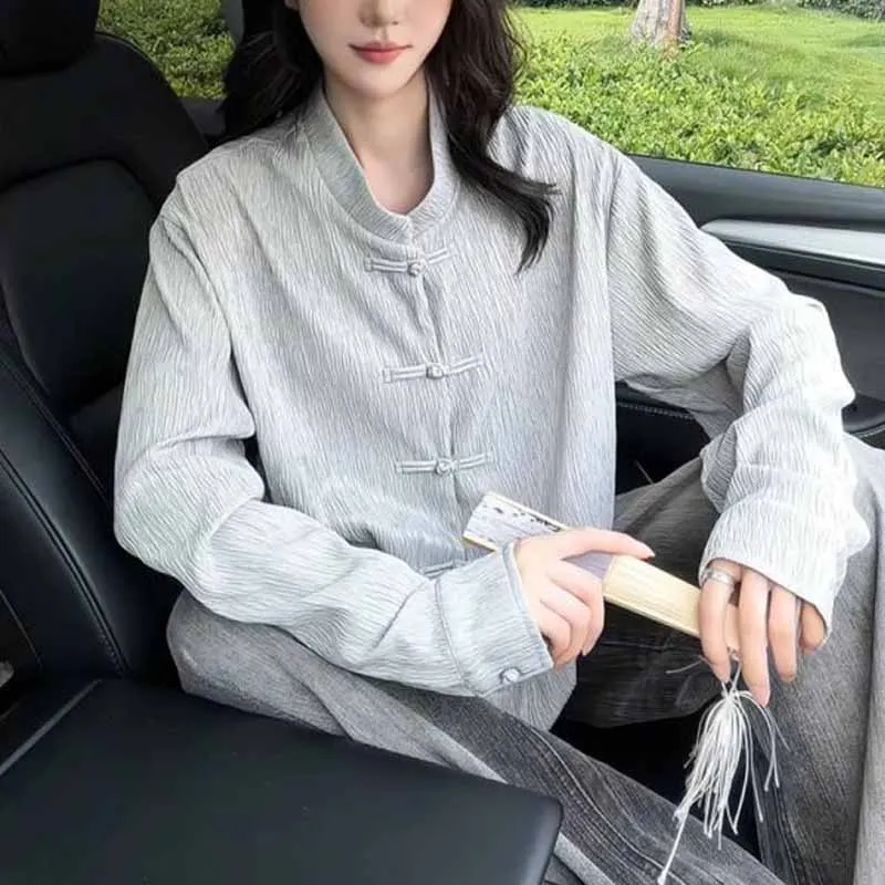 New Chinese Style Shirt Men Women Mandarin Collar Frog Button Crinkle Fabric Loose Long Sleeve Casual Outer Oversize Blouse
