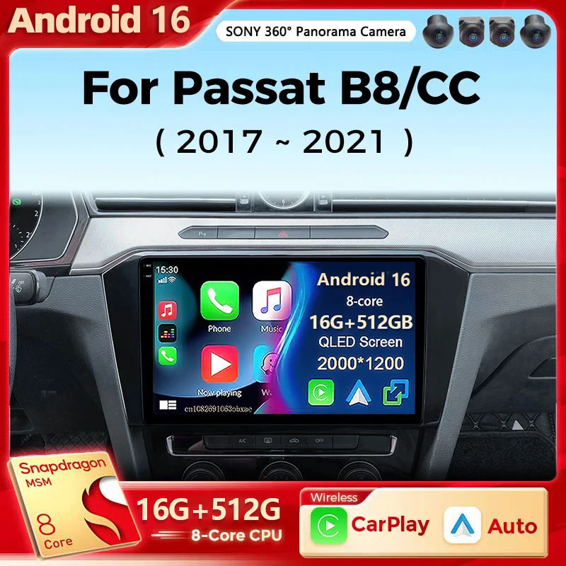 Android 16 Car radio For Volkswagen VW Passat B8 CC GTE 2017- 2021 Carplay Android auto Qualcomm Car stereo Multimedia player BT