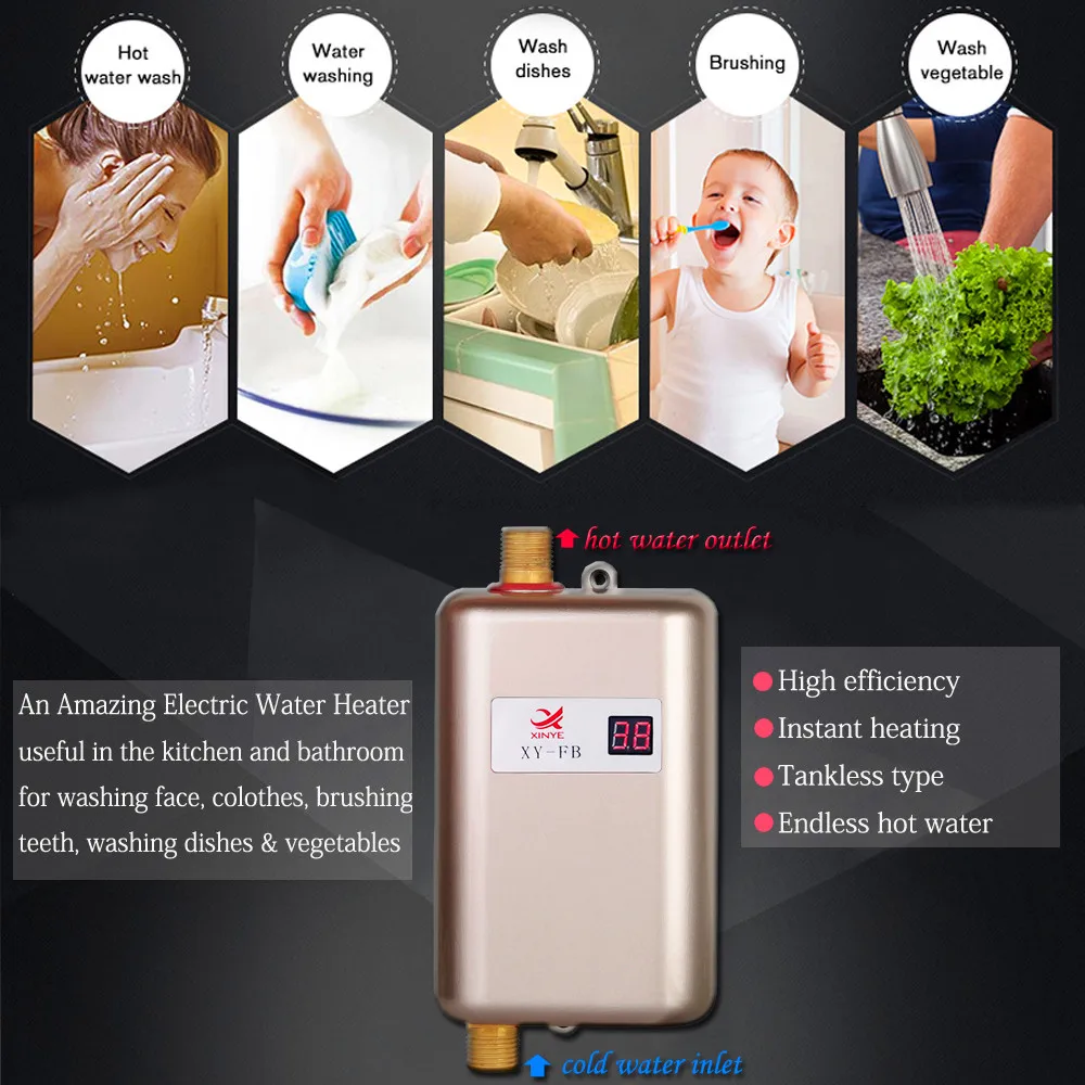 3800W Electric Water Heater Instantaneous Tankless Instant Hot Water Heater Kitchen Bathroom Shower Flow Water Boiler