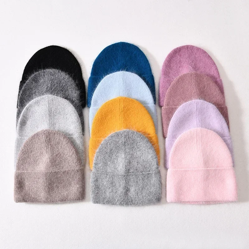 2024 Angora Winter Hat For Women Solid Color Real Rabbit Fur Beanies Woman Soft Knitted Bonnet Female Warm Ski Skullies Beanies