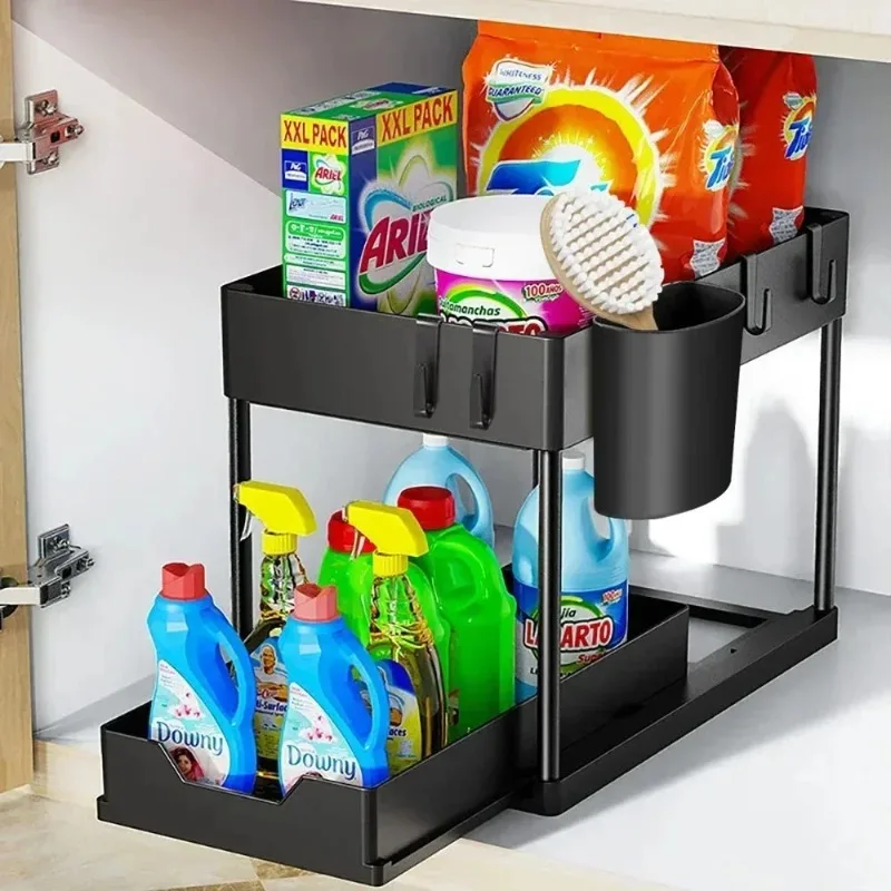 

New 2-layer Storage Sliding Cabinet Basket with Hook Hanging Cup - New Bathroom Kitchen Space Saving Rack