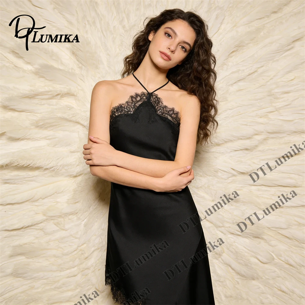 

Sexy Halter Satin Prom Dress for Women Lace Long Pajama Party Night Club Dress Sleeveless Summer Cocktail Dresses