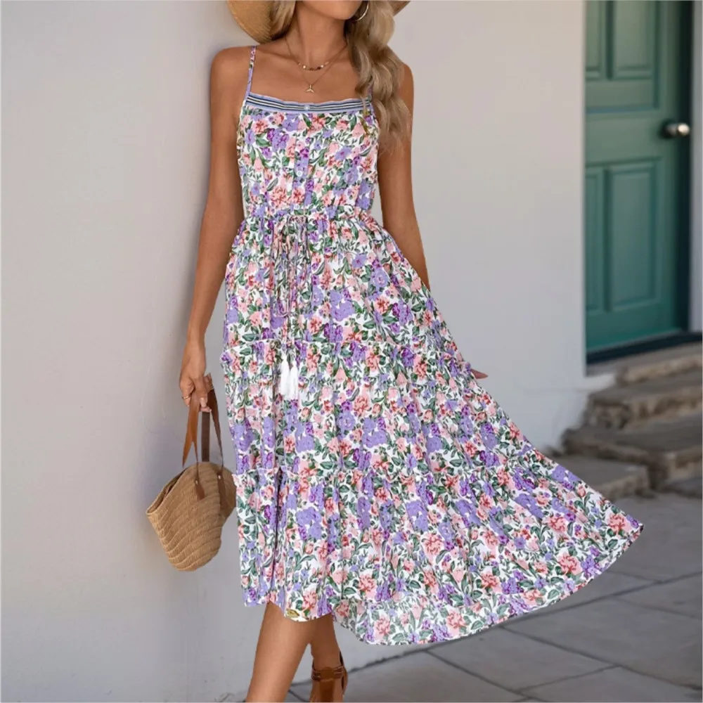 Novo europeu e americano casual em camadas camisola saia com cordão floral impressão vestido elegante mujer 2025 roxo