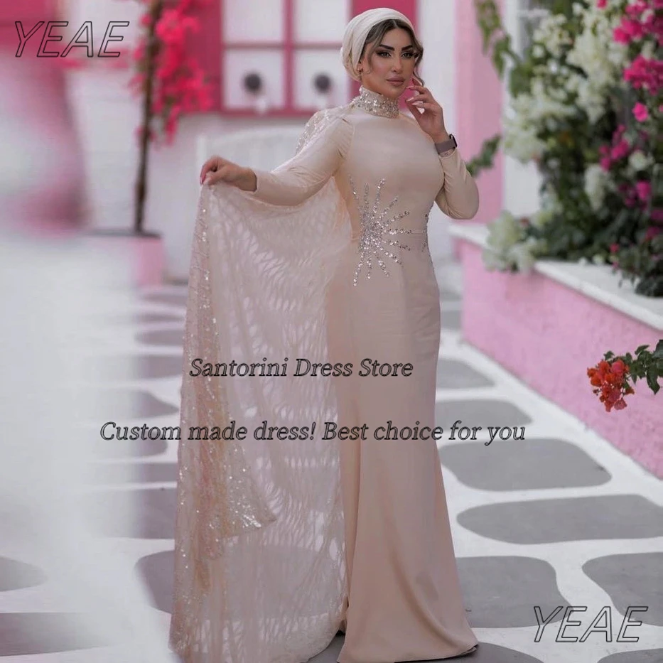 Santorini Dubai Arabia Evening Dresses with Shinny Wraps Prom Dress High Collar Beaded Long Sleeves Weddings فستان حفلات الزفاف