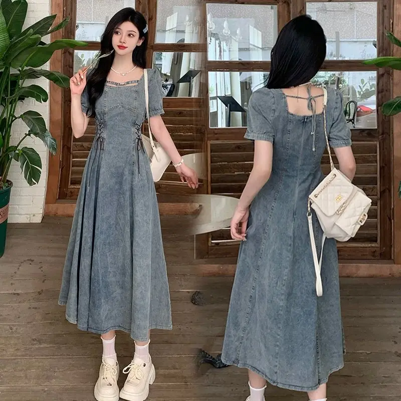 Large Size Women\'s French Square Neck Dress Women\'s Fat MM Concealing Flesh and Slimming Denim Skirt Bubble Sleeves Waist