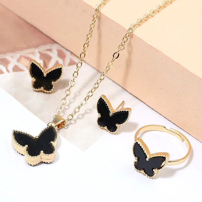Venda quente item Borboleta Set Jóias moda dois lados Imitação fritillaria brincos colar anel de três peças