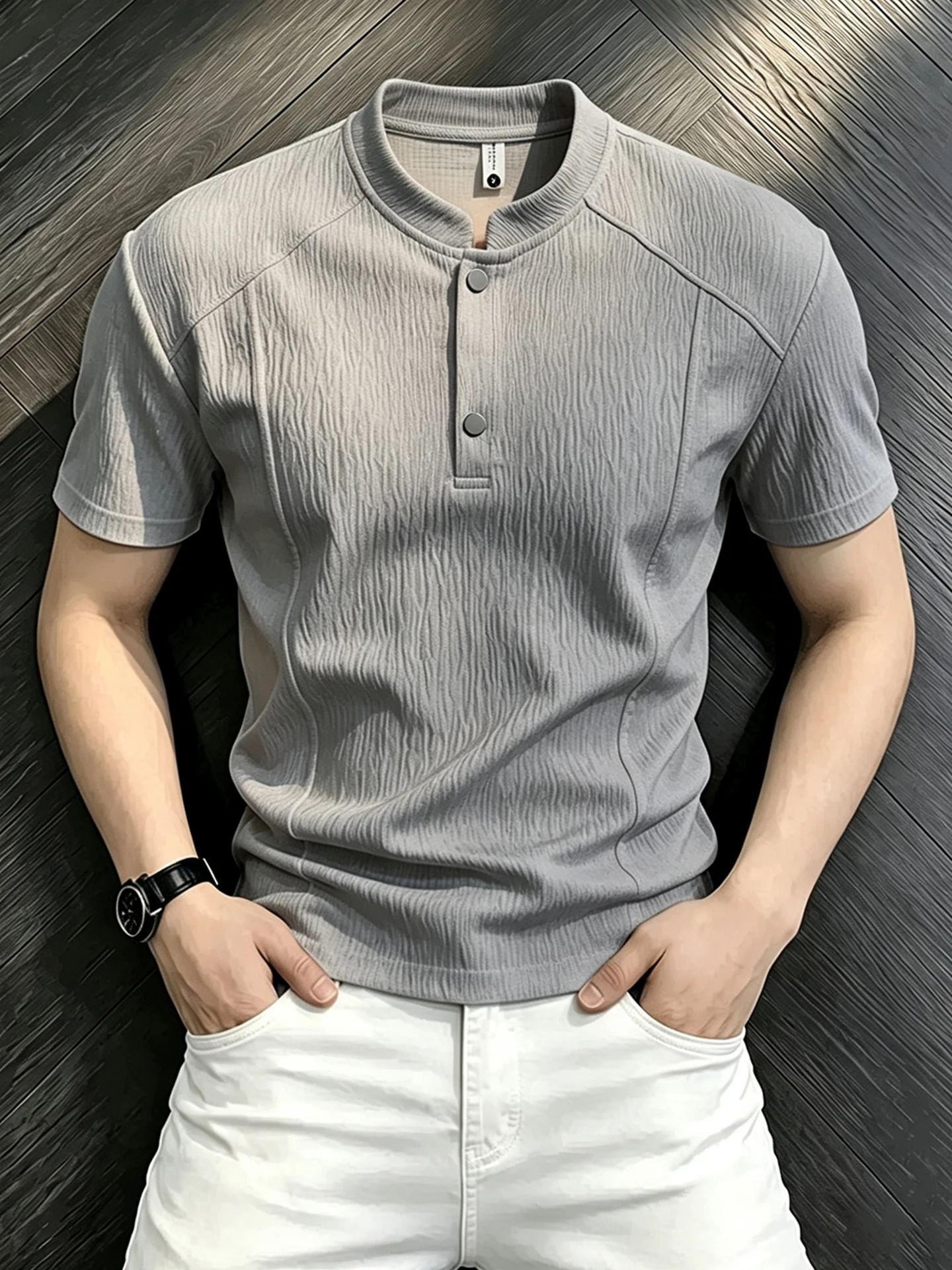 Gray Ice Silk Men's Short Sleeve  Shirt Cleanfit Henry Collar Treebark Pattern T-Shirt Breathable Quick Dry No Ironing Ne...