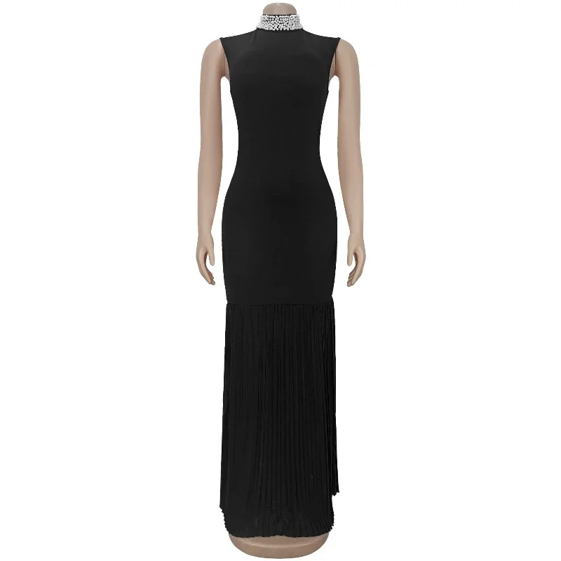 Elegant Temperament Black Evening Dresses Women Nightclub Party Sleeveless Fashion Pearls Stand Collar Sheath Bodycon Maxi Dress