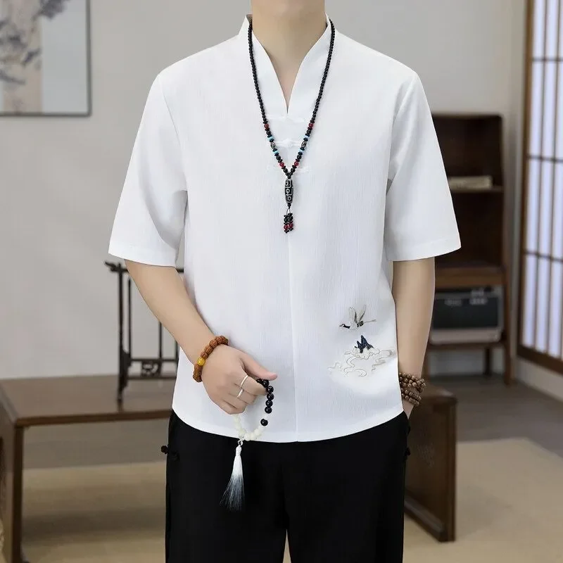 

Men's Chinese Style Crane Embroidery Linen Blend Short Sleeve Shirt & Pants Set