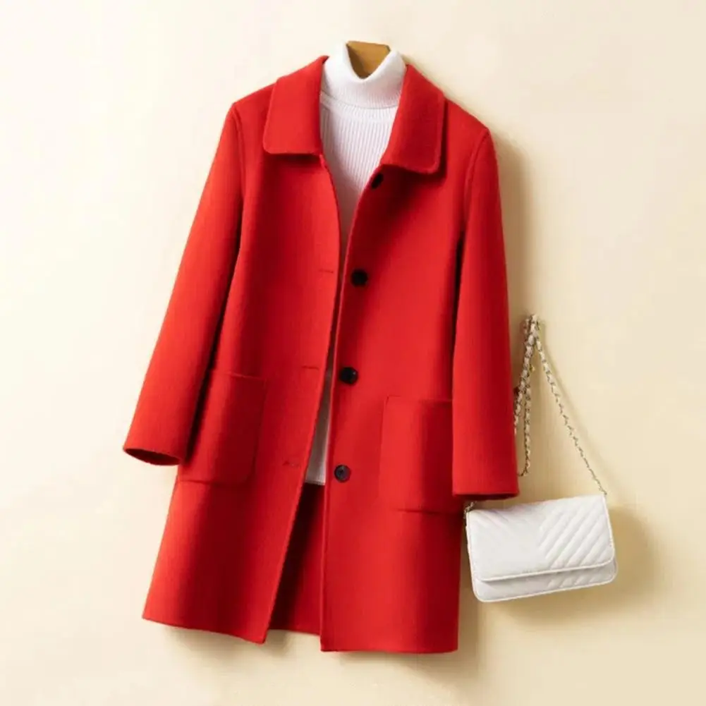 

Solid Color Lady Coat Women Woolen Coat Stylish Women's Mid-length Winter Coat with Single-breasted Closure for Cold-resistant