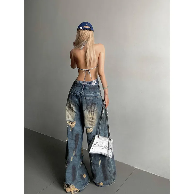 Vintage gescheurde blauwe Y2k jeans vrouwen Harajuku streetwear denim broek esthetische Jean broek Japanse jaren 2000 Trashy Pantalones