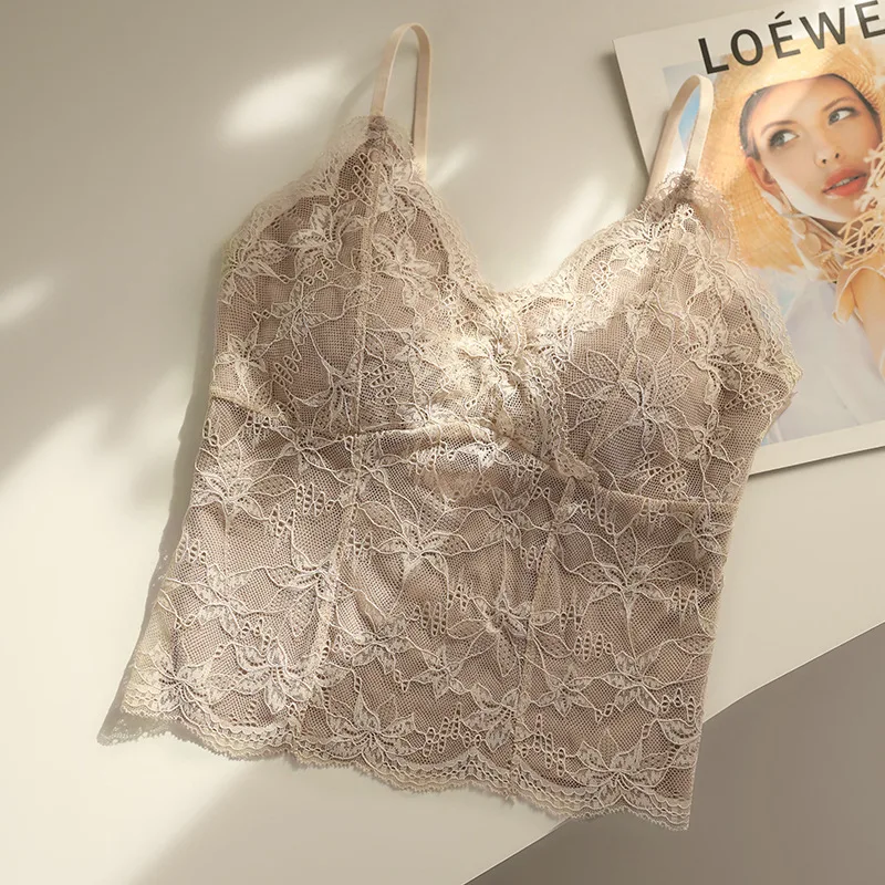 Sexy Pure Hot Girl Lace Ladies' Tank Top Camisole Girl's Bra Pad Slim Base Layer Strapless Top Women Camisole Vest Everyday Wear