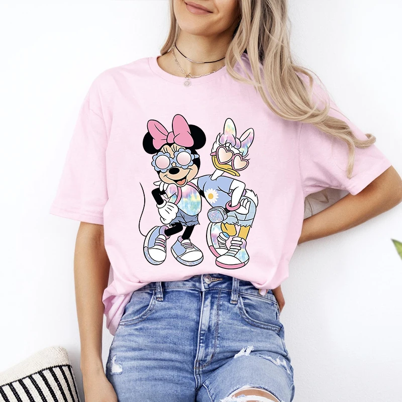 Disney Minnie and Daisy Besties Printed Women's T-Shirt Pure Cotton Short Sleeve Casual Top Personalized Women's Clothing