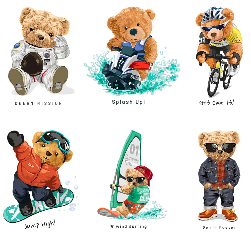 Iron On Patches Heat Transfer Cool Sporting Teddy Bear Fashion Vinyl Diy Appliqued Stickers Woman Patches For Clothes