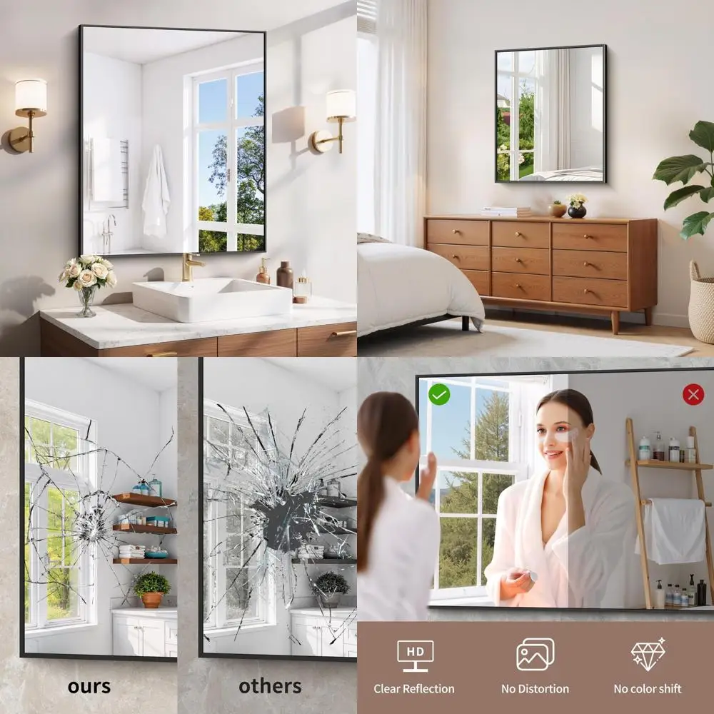 

Зеркало для ванной комнаты YIROMAN 30x36, матовое черное зеркало для ванной над раковиной с алюминиевой рамой, прямоугольное косметическое зеркало с установкой