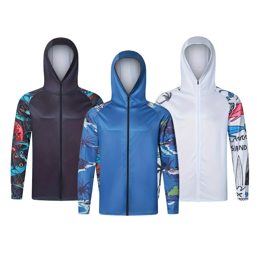 New Men's Sun-Protection Anti-UV UPF 50+ Breathable Hiking Fishing Wear Zipper Hooded Jersey Fishing Clothes Sports