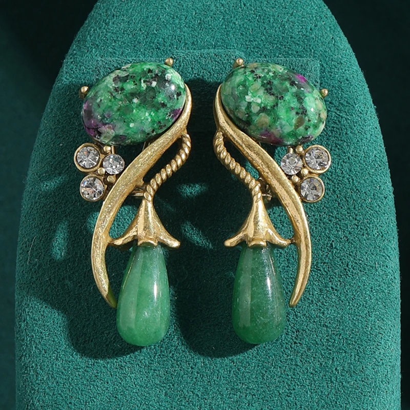 

Antique Jewelry Moss Green Natural Stone Long Water Drop Earrings Flower Rhinestones Vintage Luxury for Women New Arrival 2025