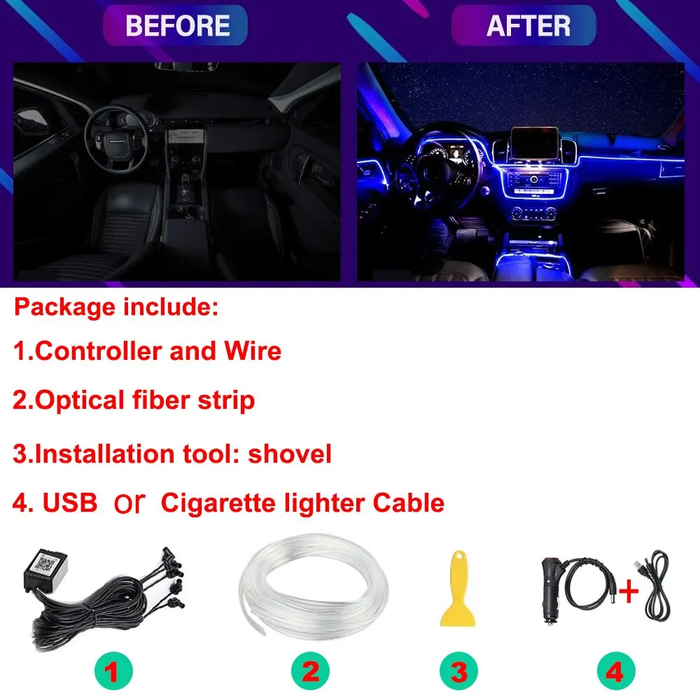ไฟนีออน LED ภายในรถยนต์ไฟ RGB ชุดไฟใยแก้วนำแสงล้อมรอบพร้อมแอปโคมไฟตกแต่งบรรยากาศแบบไร้สาย