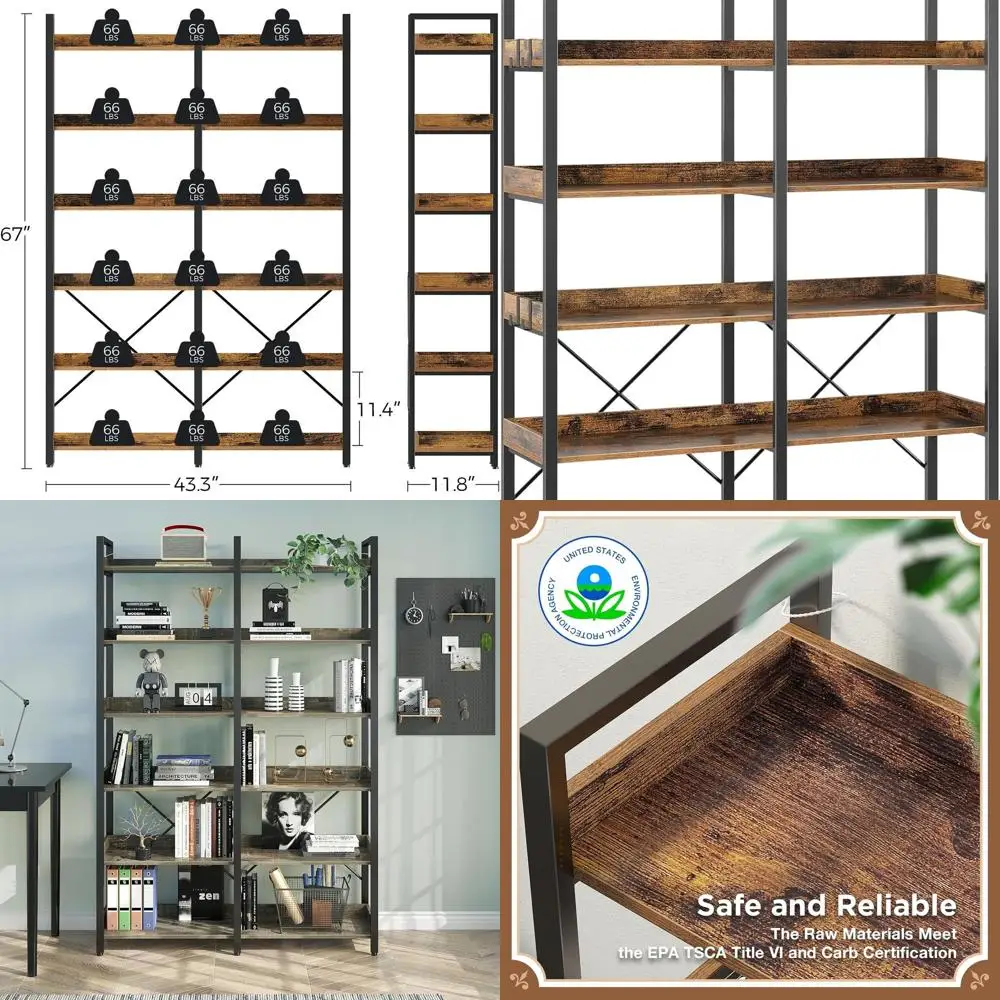 

Винтажная деревянная книжная полка 67, коричневая, коричневая, с 6 ярусами и 4 крючками, стеллаж для выставки товаров в индустриальном стиле с металлическим каркасом