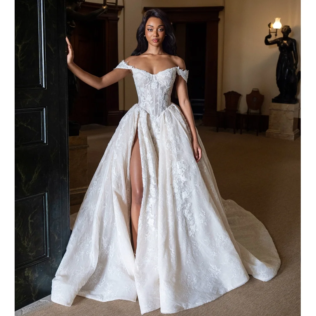 

Off Shoulder Corset Wedding Dresses High Slit Lace Vestido de Novia Wedding Party Dress Reception Gown Vestidos Customized