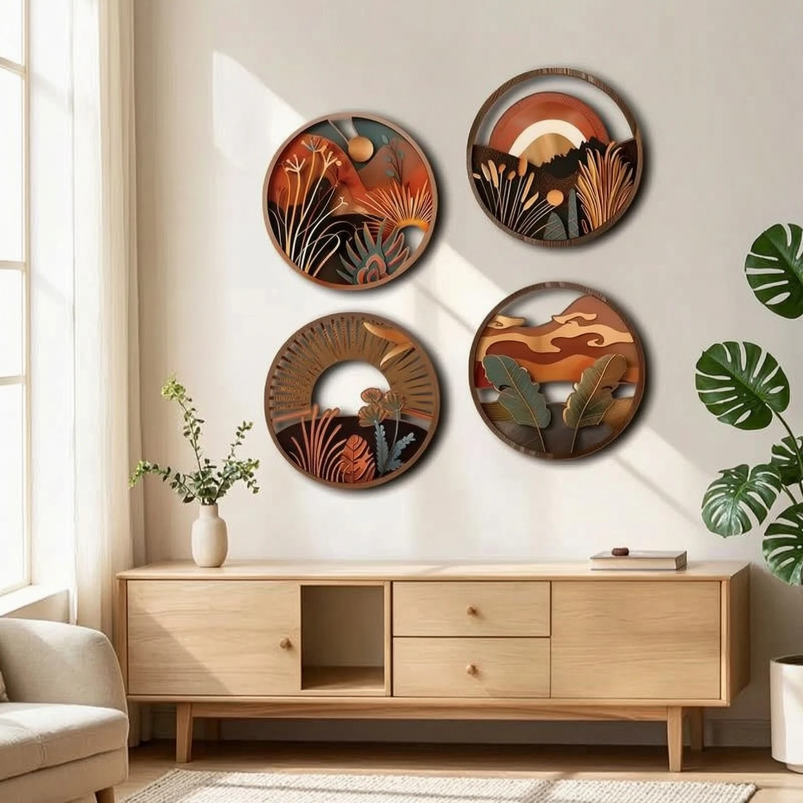 4 Pieces Wood Wall Art with Frames Abstract Wooden Wall Decor Decorations Rustic Modern Farmhouse for Living Room, Bedroom