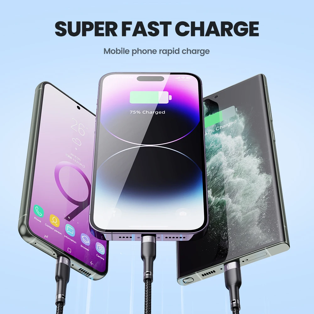 Toocki 3-in-1 USB Charging Cable Micro USB Type-C Cable for iPhone 14 13 for Samsung Huawei Xiaomi Mobile Phones Data Cords