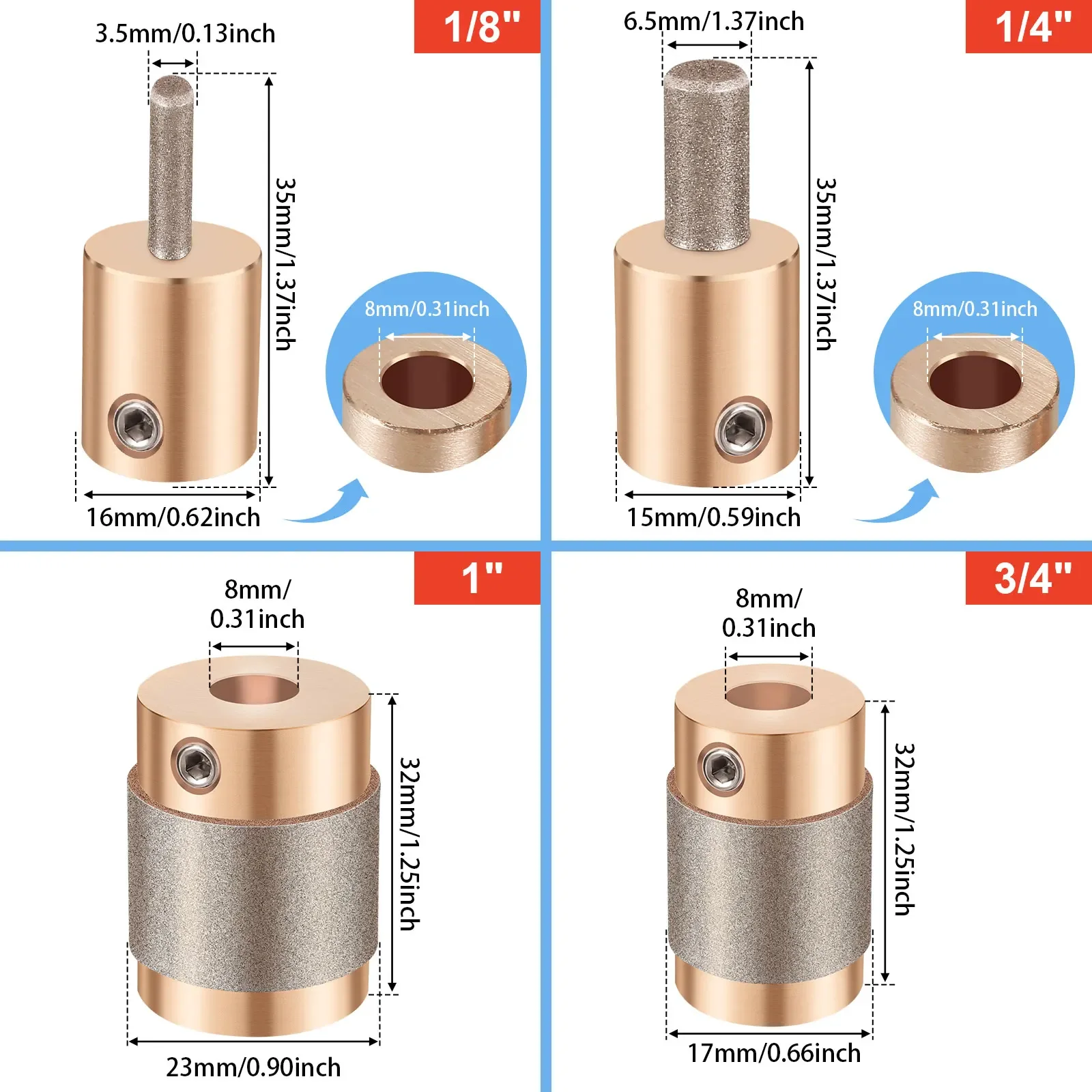 6/1Pcs Diamond Grinder Bit Head Tool Set Stained Glass Grinder Bit 1inch 3/4inch 1/4inch 1/8inch Multi-Size Brass Core Diamond