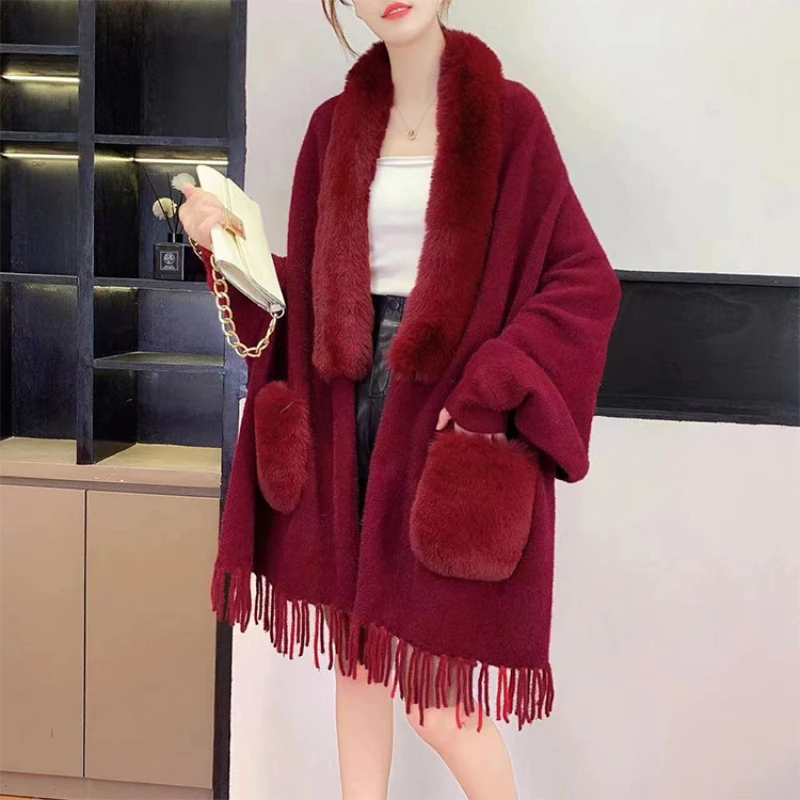 Female Style Fashion Embroidery Fringe Irregular Cape Shawl Women\'s Knitted Cardigan Imitation Mink Fleece CLoak Coat Capes Q38