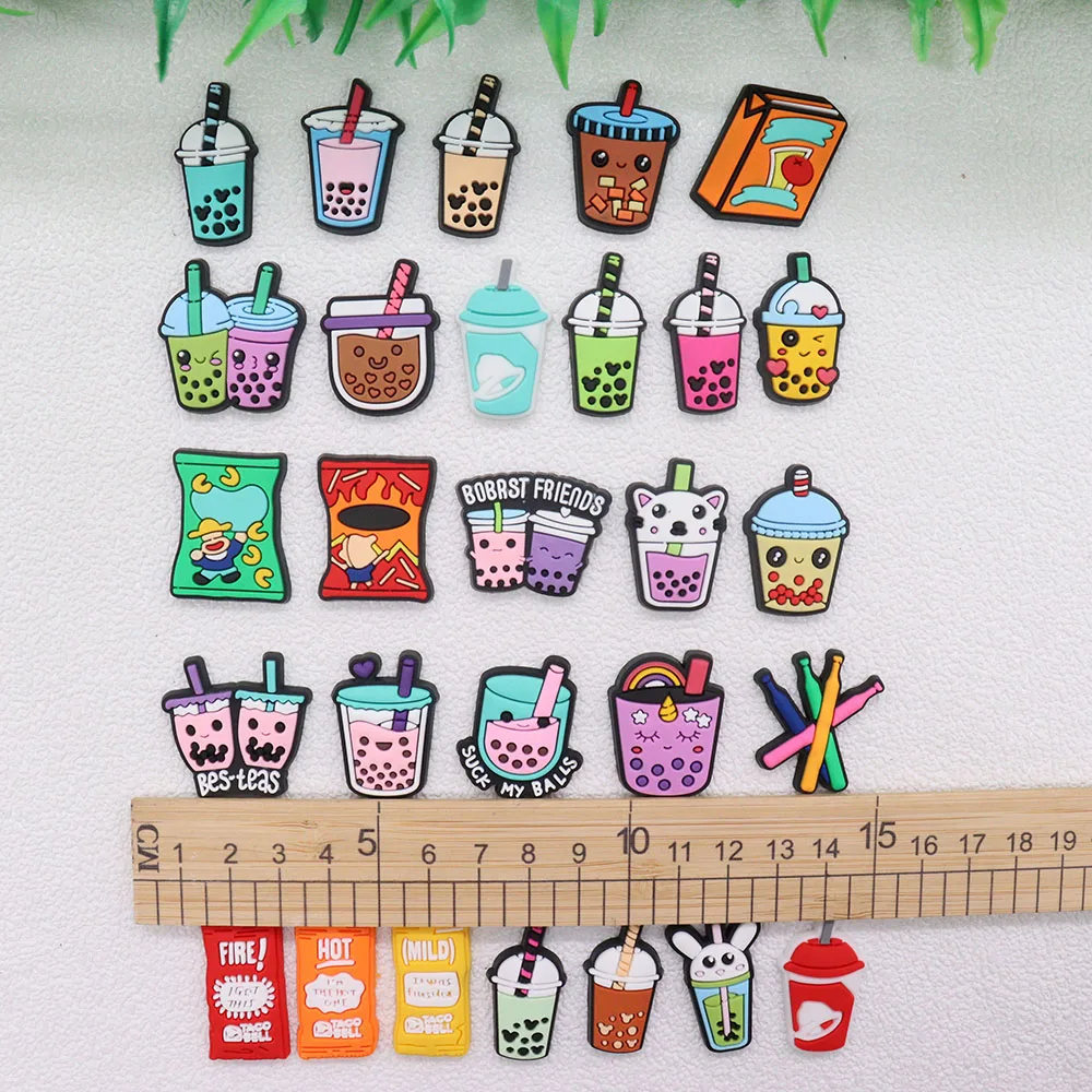 Mix 50pcs PVC Bubble Milk Tea Friend Rabbit Drink Rainbow Heart Shoe Charms Fit Wristbands Decorations for Bands Bracelets