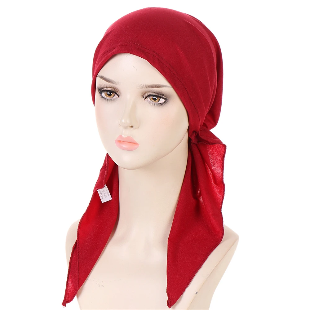 New Pre-Tied Hat Women Muslim Hijab Stretch Headscarf Bonnet Head Wrap Scarf Beanies Hair Loss Chemo Cap Bandanas Turbante Mujer