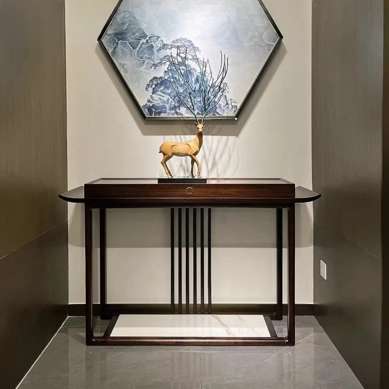 Solid wood entrance ebony wood entry table against the wall end view table