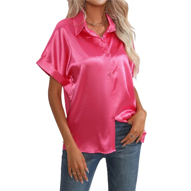 

A83F-Women's Solid Color Button Down Satin Silk Blouse Light-Weight Work Shirts V Neck Long Sleeve Lapel Top
