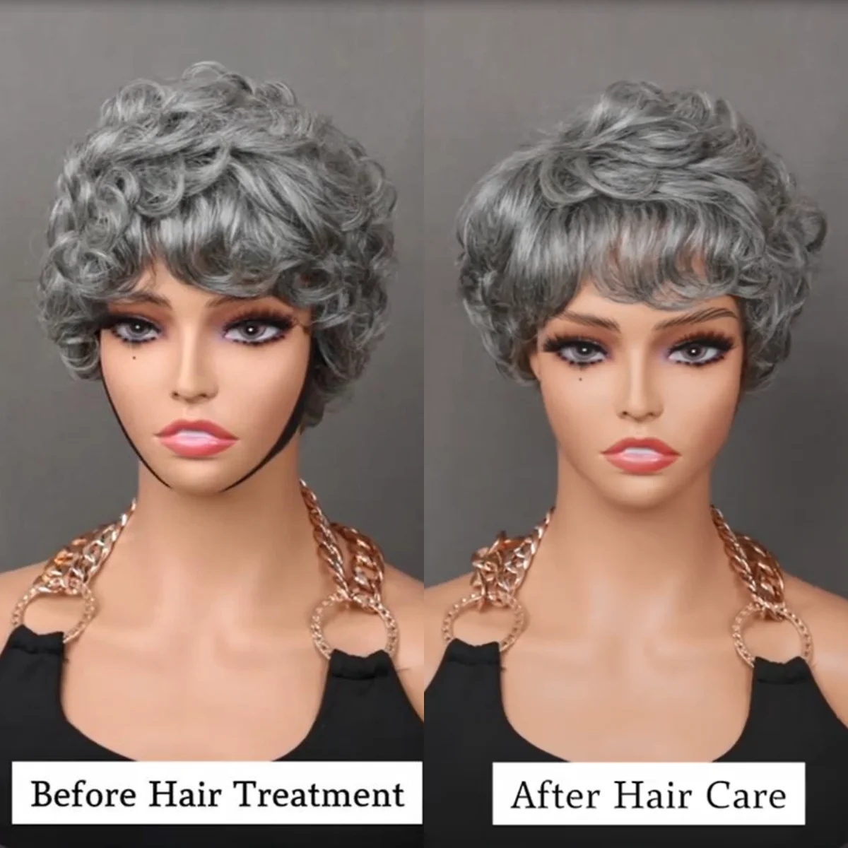 Gray Short Pixie Cut Wigs Human Hair Natural Wave Wigs With Bangs Brazilian Color #51 Gray Glueless Wigs Curly Pixie Cut Wigs