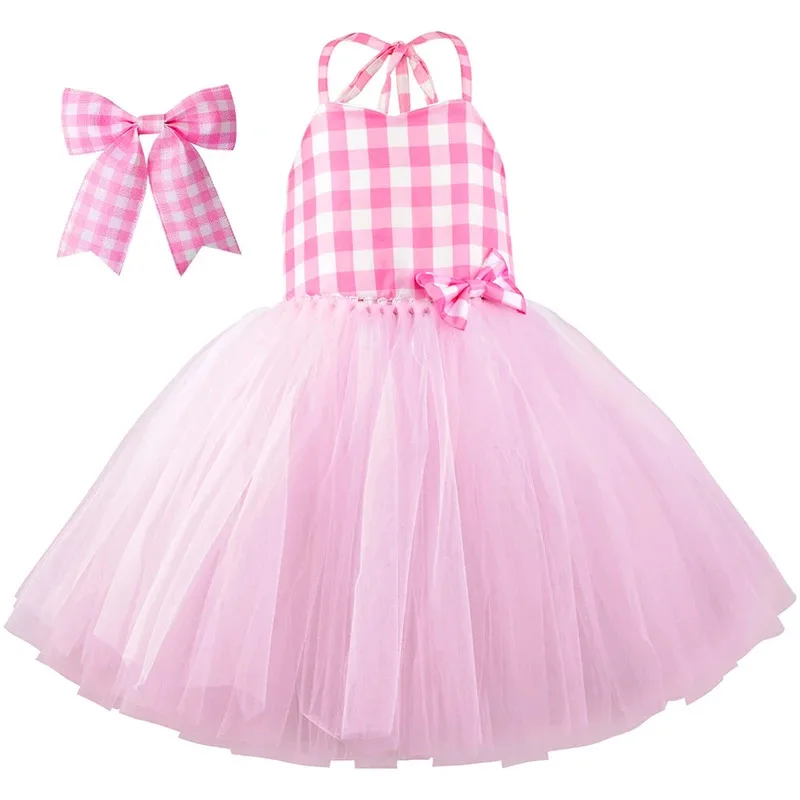 QQ28LQToddler Little Pink Plaid Birthday Party Cosplay Halloween Fancy Dress Girls การแสดงบนเวทีคาร์นิวัล