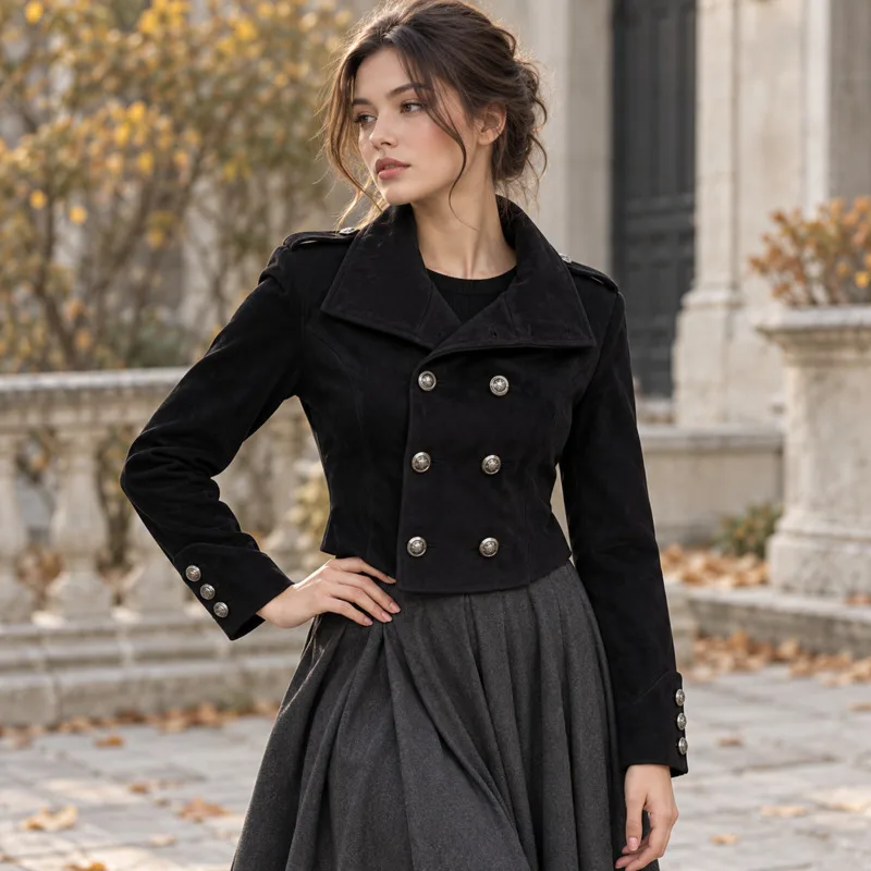 Women Velvet Double Breasted Jacket Short Stand Collar Military Style Coat Vintage Brown Black Blazer Fashion Autumn Outerwear