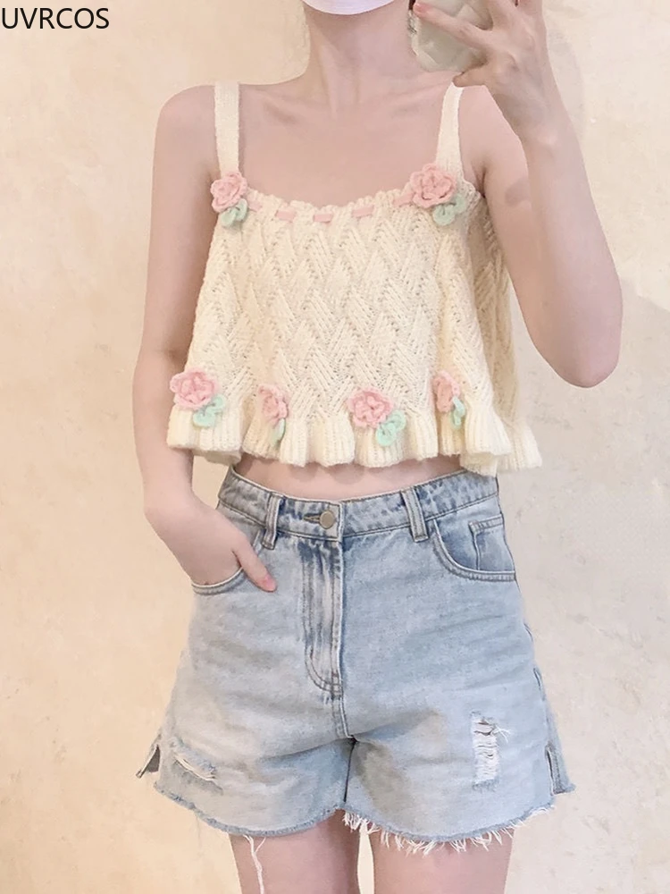 Japanese Kawaii Chic Tank Top Clothes Women Sweet Flower Embroidery Cute Knitted Tank Lady Preppy Style Sweater Vest Summer 2023