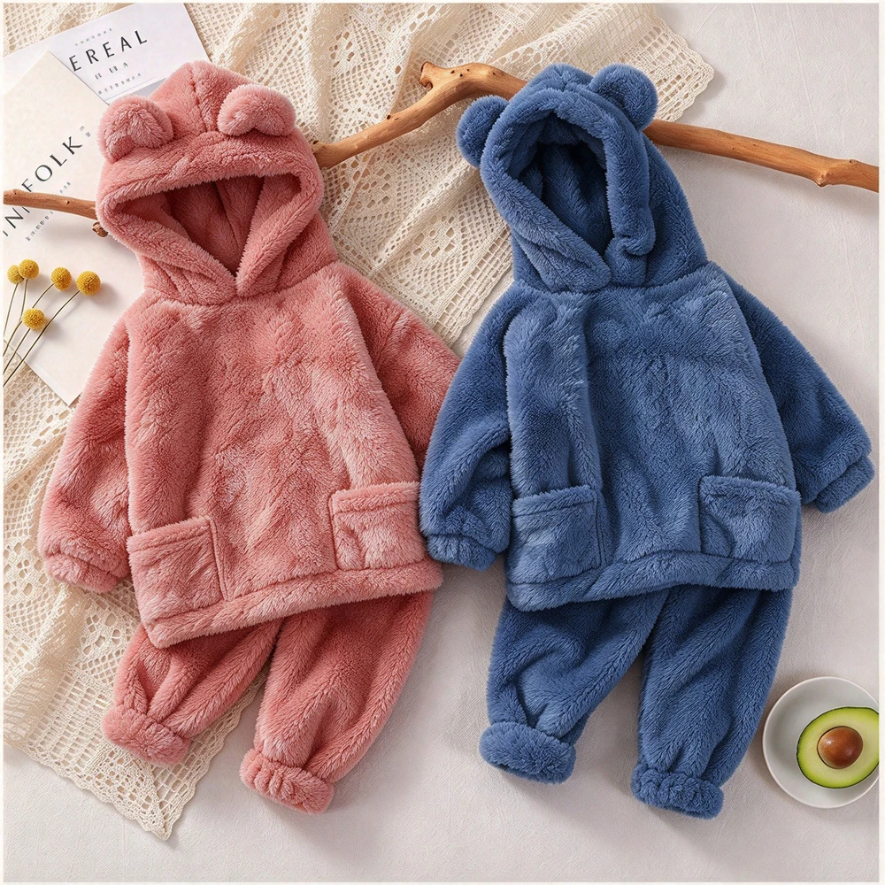 Children's Home Wear Set Kids Toddler Boys Pajamas Thermal Fluffy Baby Girl Pijamas 12 18 Months Clothes Pants Outfit Pink Blue