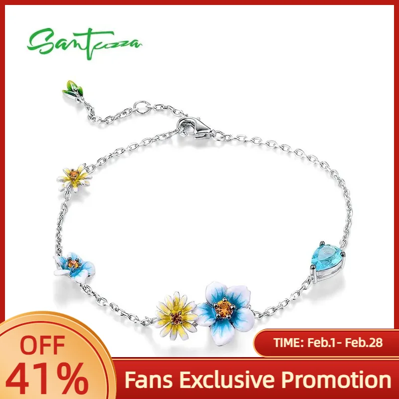

SANTUZZA 925 Sterling Silver Bracelet For Women Delicate Blue Yellow Blooming Flowers Adjustable Fine Jewelry Handmade Enamel