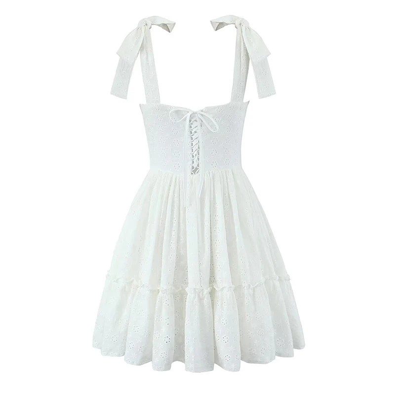 2025 Women Floral Openwork Embroidery Sling Mini Dress Cotton Summer Black White Party Dresses Holiday Robe Lace Up Vestidos
