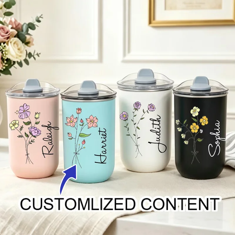 Custom Name Wildflower Coffee Mug, Hand Sketch Flower Bouquet Design Stainless Steel Egg Shape Tumbler, Birthday Gift for Her.