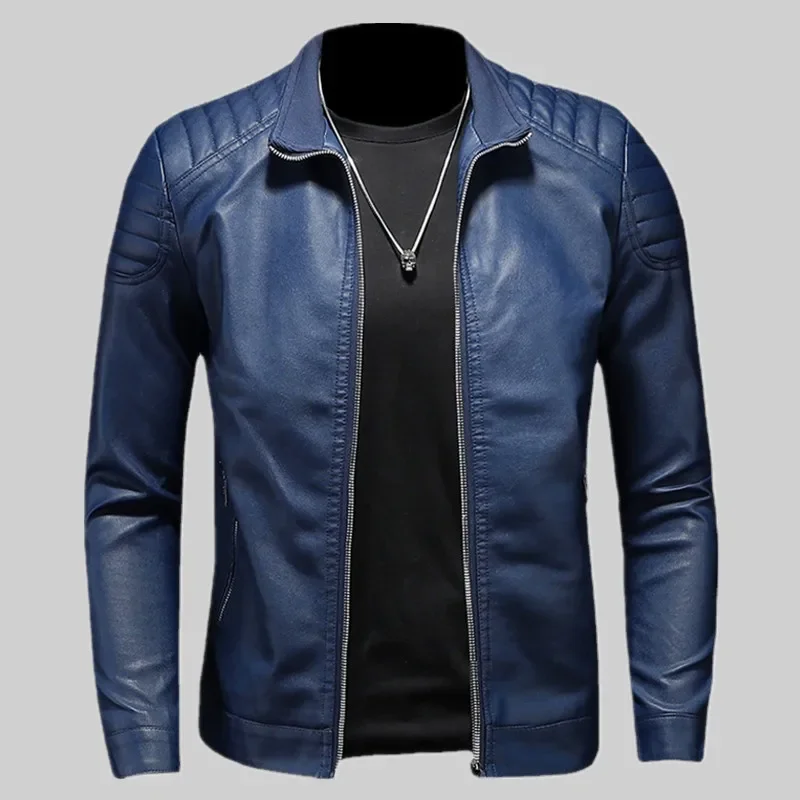 2024 Spring Moto Pu Leather Jacket Men Motorcycle Leahter Jacket Male Stand Collar Casual Windbreaker Trendy Mens Clothing