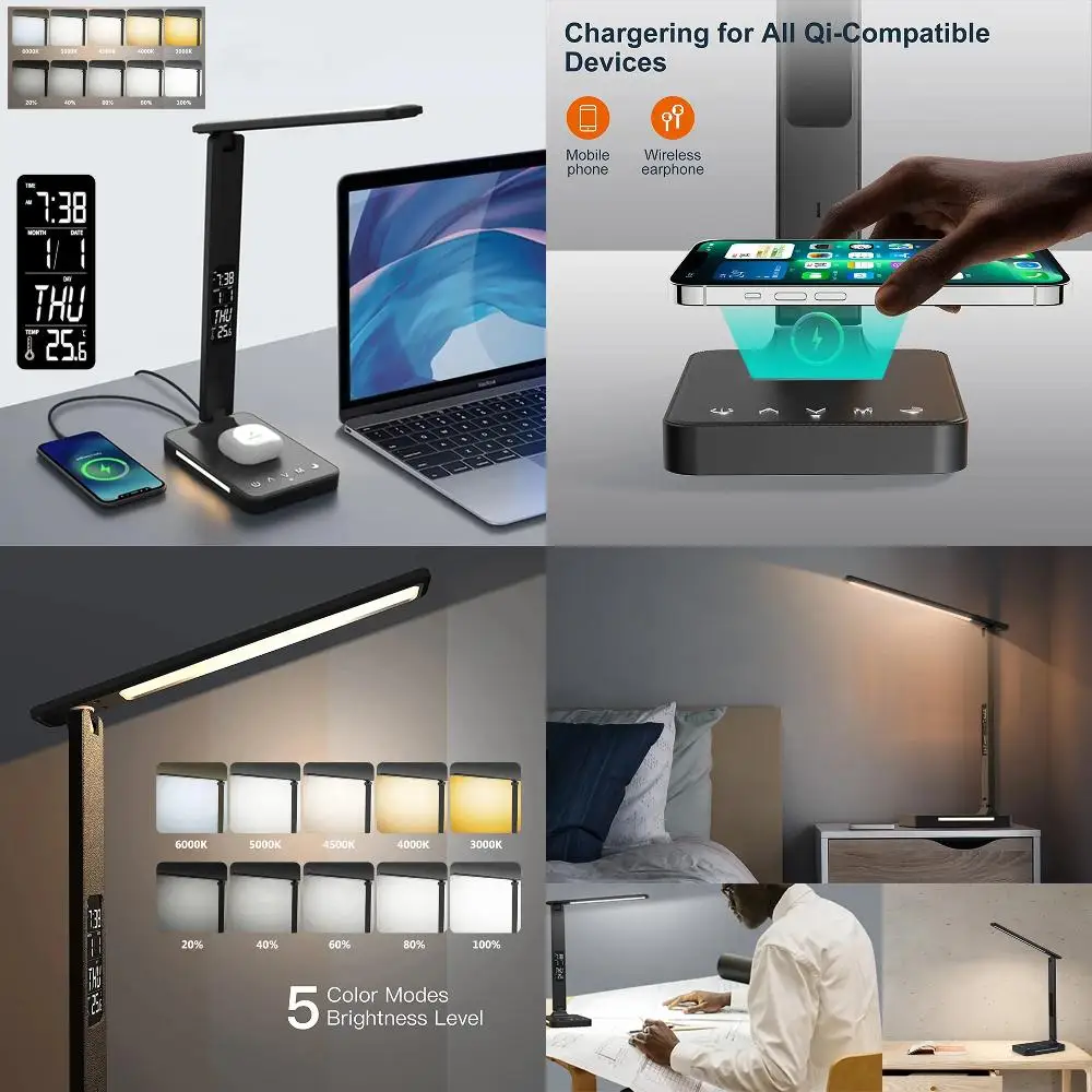 

LED Desk Lamp with USB/Wireless Charger, Alarm Clock, Temperature, Dimmable Touch Table Lamp, Eye-Protection Reading Night Light