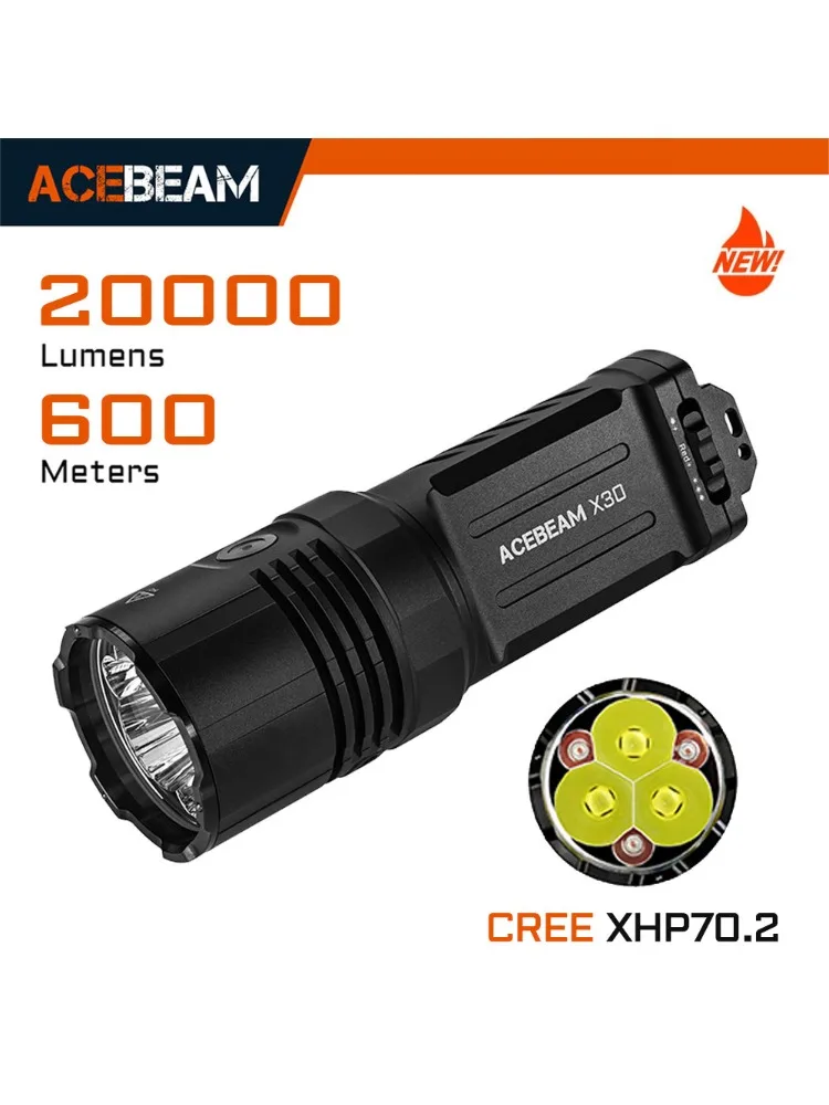 Latarka taktyczna ACEBEAM X30 z ładowaniem USB-C, dioda CREE XHP70.2 LED, 20000 lumenów, zasięg 600 metrów, dwuźródłowe światło poszukiwawcze, bateria 21700 — Zdjęcie 2 z 2