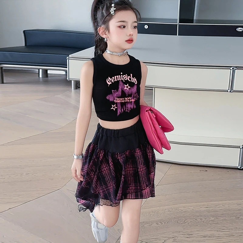 Girls Fashion 2 Piece Outfit Crop Top + Plaid Irregular Lace Skirt Kids Hip Hop Jazz Dance Performance Costume for Stage Show