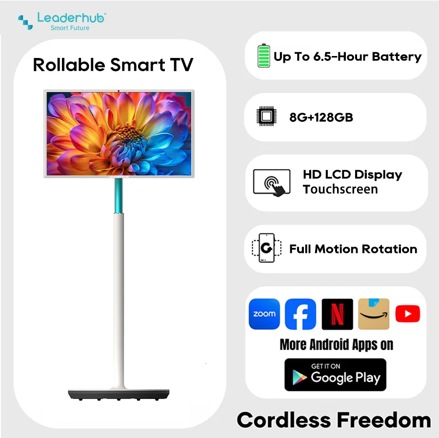 For Leaderhub 27 Inch Portable Android Smart Screen TV White Cabinet LED HD 8GB RAM 128GB ROM Floor Stand Vertical Distribution
