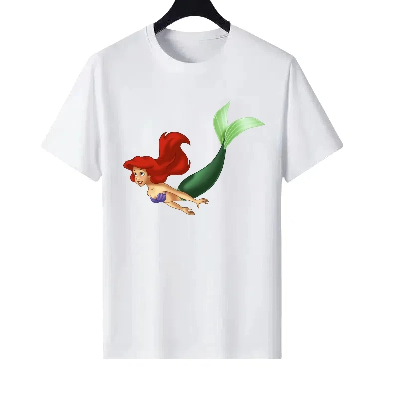 

Disney Mermaid Pattern Woman White Summer Round Neck Parent-child Clothing Tops Ladies Cheap Short Sleeves T-Shirt Sweatshirts