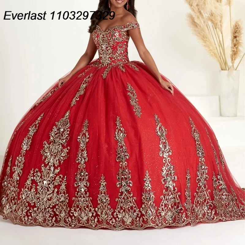 EVLAST-vestido De quinceañera rojo, traje De baile con apliques De encaje dorado, corsé con cuentas, vestido mexicano dulce 16, 15 Años, TQD846, 2024