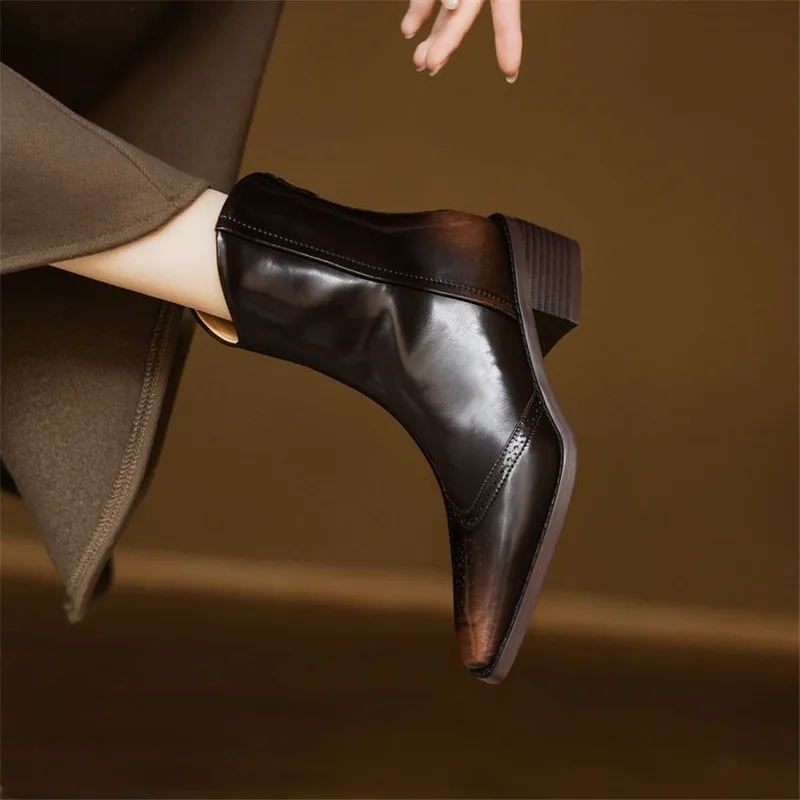 New Autumn Winter Split Leather Women Boot Shoes for Women Square Toe Fashion Brogue Designs Short Boots Handmade Western Boots